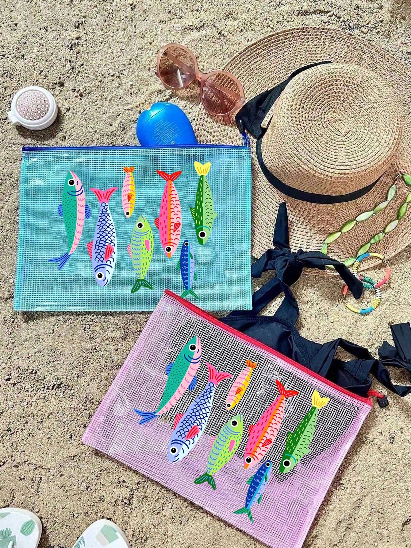 Waterproof Fashion Beach Bag With Cute Fish Pattern, Large Capacity Transparent Makeup Bag With Nylon Zipper, Lightweight Sun-Proof Storage Bag, Multifunctional Storage Bag, Suitable For Swimming, Bea