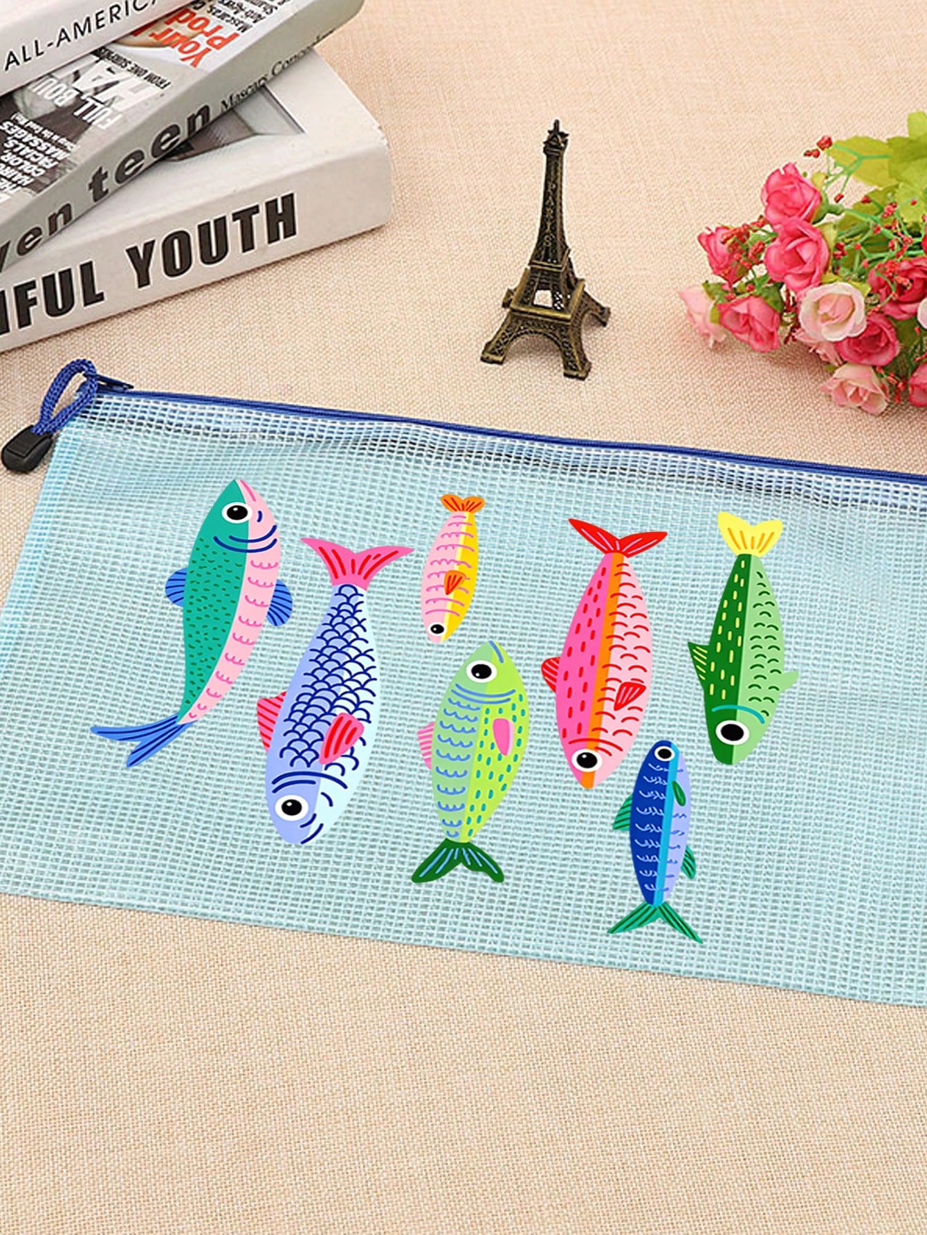 Waterproof Fashion Beach Bag With Cute Fish Pattern, Large Capacity Transparent Makeup Bag With Nylon Zipper, Lightweight Sun-Proof Storage Bag, Multifunctional Storage Bag, Suitable For Swimming, Bea