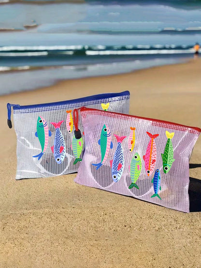 Waterproof Fashion Beach Bag With Cute Fish Pattern, Large Capacity Transparent Makeup Bag With Nylon Zipper, Lightweight Sun-Proof Storage Bag, Multifunctional Storage Bag, Suitable For Swimming, Bea