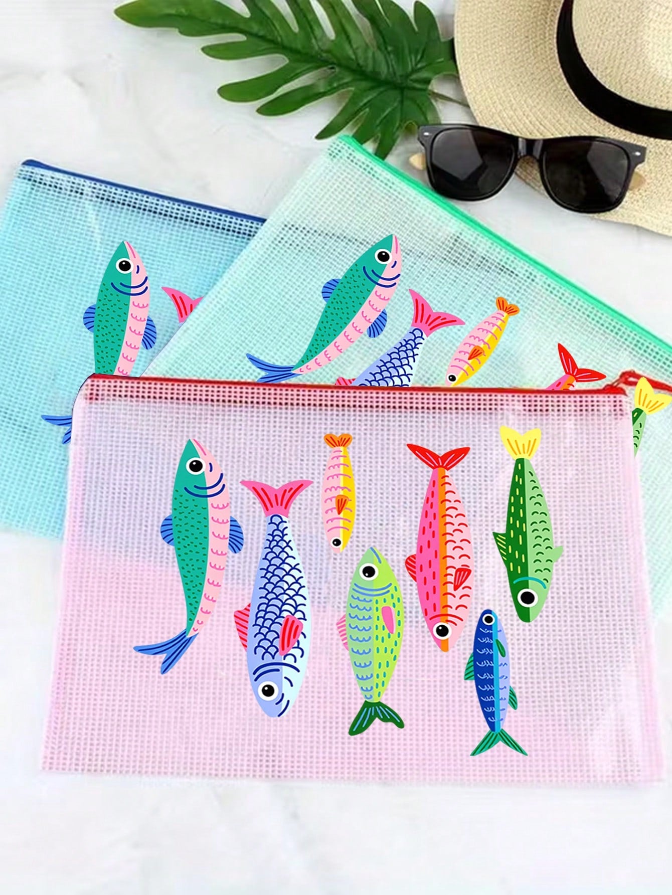 Waterproof Fashion Beach Bag With Cute Fish Pattern, Large Capacity Transparent Makeup Bag With Nylon Zipper, Lightweight Sun-Proof Storage Bag, Multifunctional Storage Bag, Suitable For Swimming, Bea