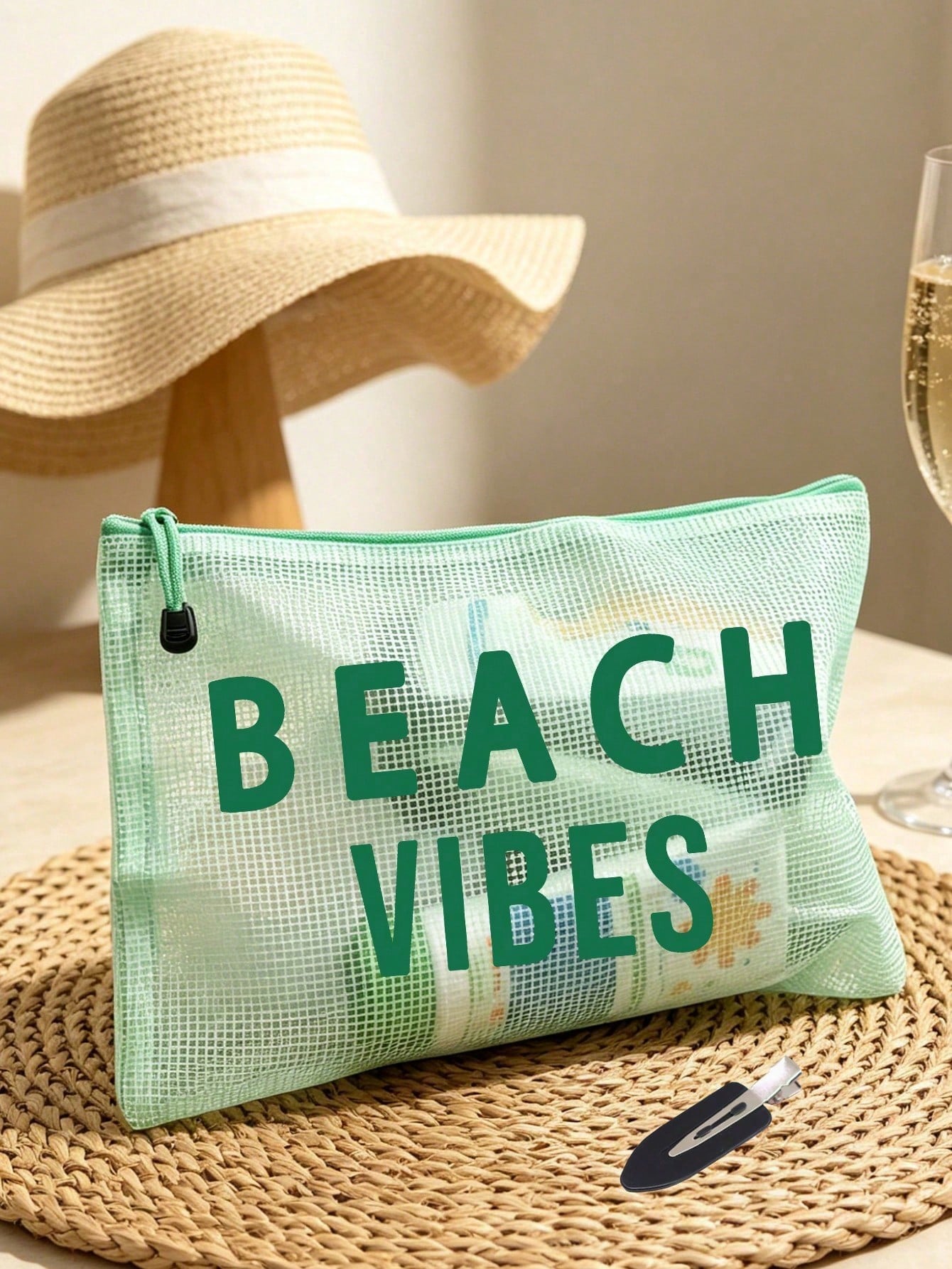 Waterproof Fashion Mesh Beach Bag With "Beach" Colorful Print Makeup Bag, Beach Theme. Large Capacity Transparent Cosmetic Bag, Toiletry Bag