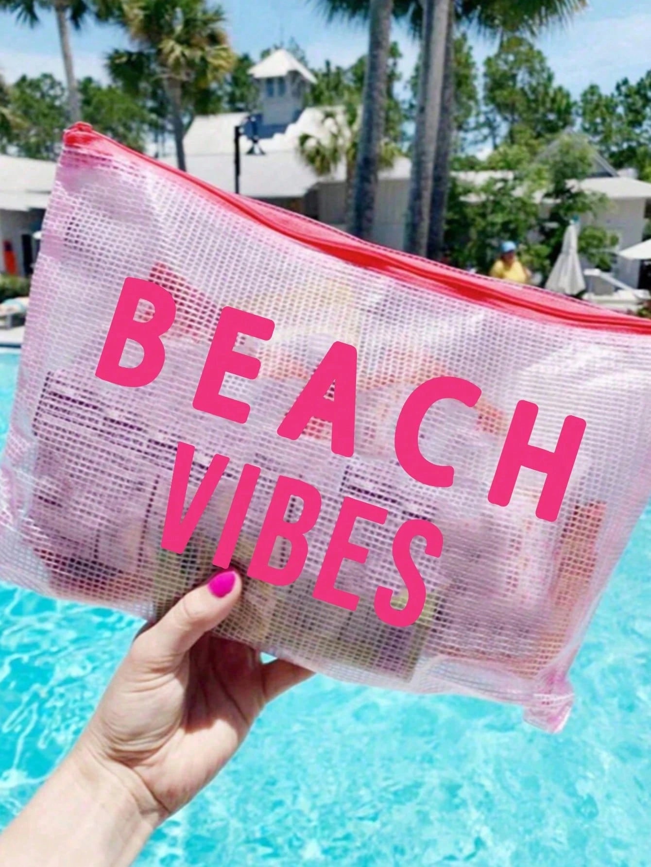 Waterproof Fashion Mesh Beach Bag With "Beach" Colorful Print Makeup Bag, Beach Theme. Large Capacity Transparent Cosmetic Bag, Toiletry Bag