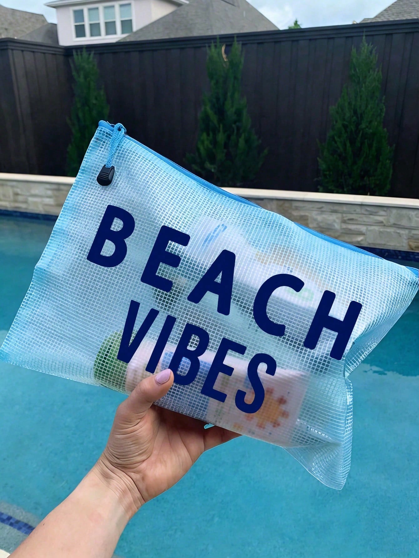 Waterproof Fashion Mesh Beach Bag With "Beach" Colorful Print Makeup Bag, Beach Theme. Large Capacity Transparent Cosmetic Bag, Toiletry Bag