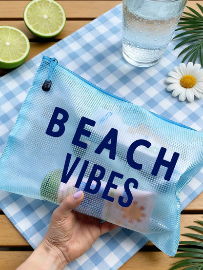 Waterproof Fashion Mesh Beach Bag With "Beach" Colorful Print Makeup Bag, Beach Theme. Large Capacity Transparent Cosmetic Bag, Toiletry Bag