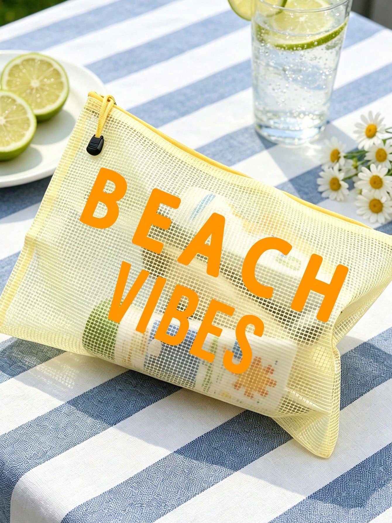 Waterproof Fashion Mesh Beach Bag With "Beach" Colorful Print Makeup Bag, Beach Theme. Large Capacity Transparent Cosmetic Bag, Toiletry Bag