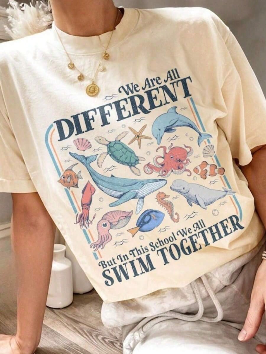 We All Swim Together Shirt, Teacher Back To School Shirt, Ocean Animal Classroom Shirt, Underwater Turtle Outfit 100% Cotton Oversized Short Sleeve