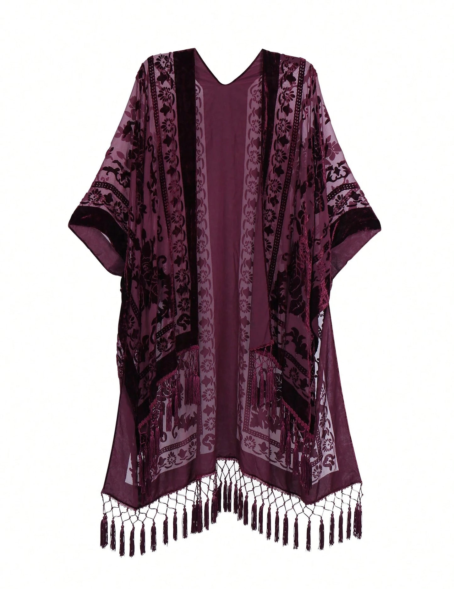 WeHello Women's Boho Burnout Velvet Kimono Long Cover Up With Tassel Casual Cardigan Shawl Beachwear Suit Womenswear Swimwear Coverups