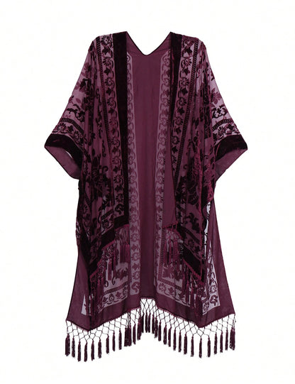 WeHello Women's Boho Burnout Velvet Kimono Long Cover Up With Tassel Casual Cardigan Shawl Beachwear Suit Womenswear Swimwear Coverups