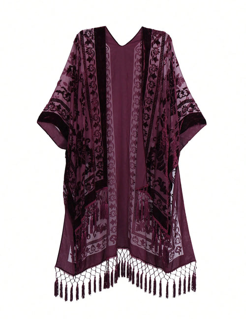 WeHello Women's Boho Burnout Velvet Kimono Long Cover Up With Tassel Casual Cardigan Shawl Beachwear Suit Womenswear Swimwear Coverups