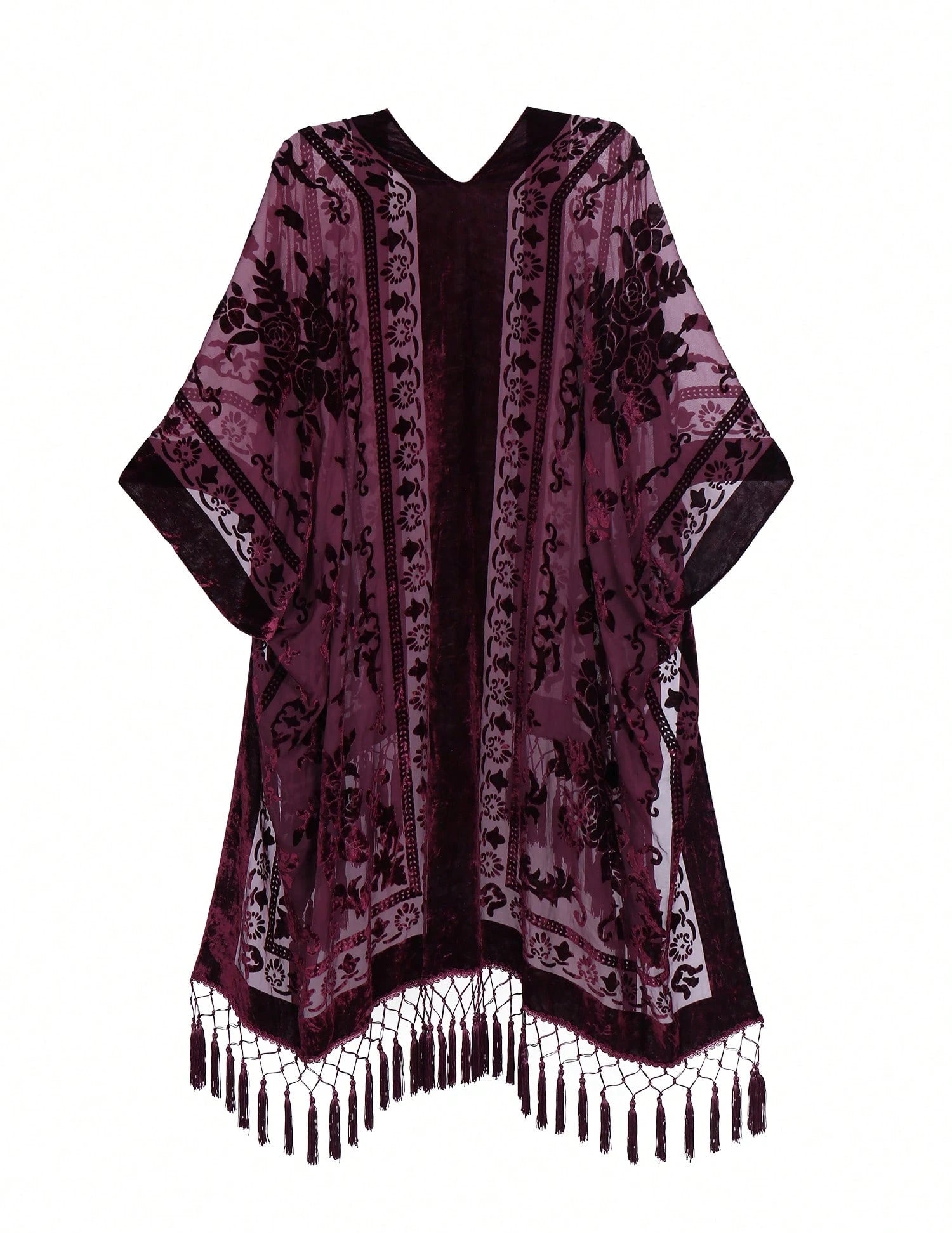 WeHello Women's Boho Burnout Velvet Kimono Long Cover Up With Tassel Casual Cardigan Shawl Beachwear Suit Womenswear Swimwear Coverups
