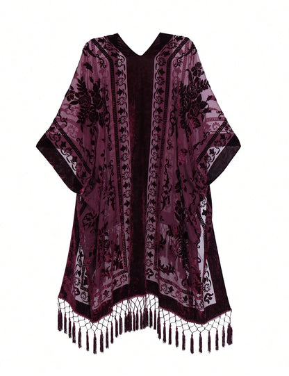 WeHello Women's Boho Burnout Velvet Kimono Long Cover Up With Tassel Casual Cardigan Shawl Beachwear Suit Womenswear Swimwear Coverups
