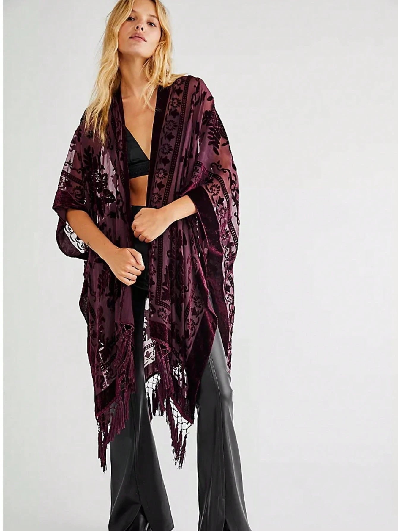 WeHello Women's Boho Burnout Velvet Kimono Long Cover Up With Tassel Casual Cardigan Shawl Beachwear Suit Womenswear Swimwear Coverups