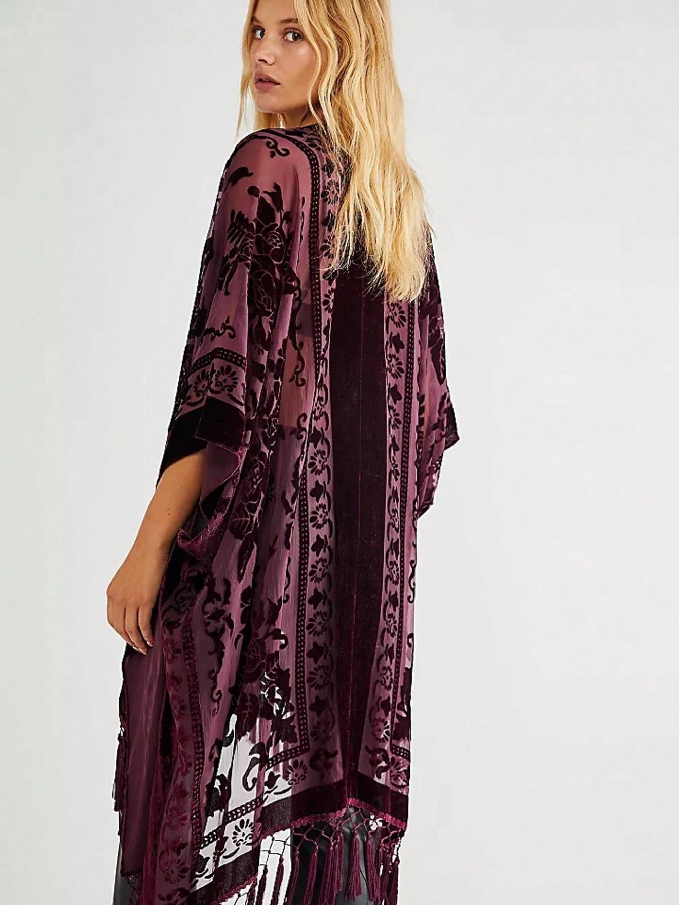 WeHello Women's Boho Burnout Velvet Kimono Long Cover Up With Tassel Casual Cardigan Shawl Beachwear Suit Womenswear Swimwear Coverups