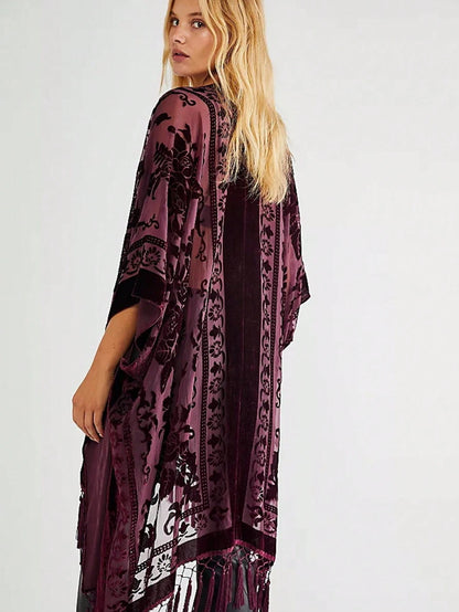 WeHello Women's Boho Burnout Velvet Kimono Long Cover Up With Tassel Casual Cardigan Shawl Beachwear Suit Womenswear Swimwear Coverups