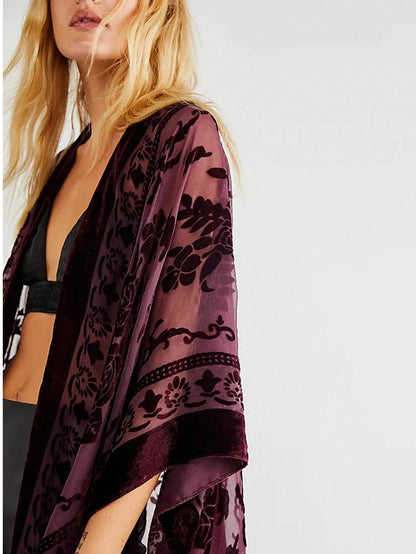 WeHello Women's Boho Burnout Velvet Kimono Long Cover Up With Tassel Casual Cardigan Shawl Beachwear Suit Womenswear Swimwear Coverups