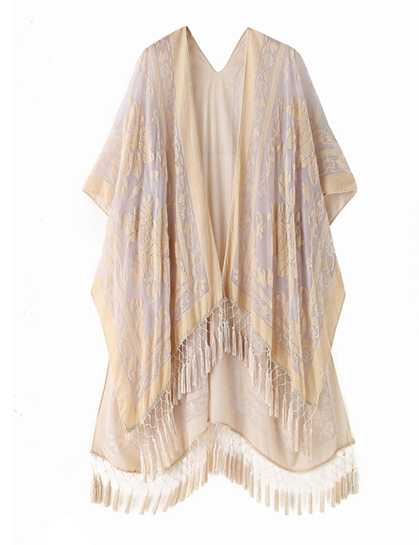 WeHello Women's Boho Burnout Velvet Kimono Long Cover Up With Tassel Casual Cardigan Shawl Beachwear Suit Womenswear Swimwear Coverups