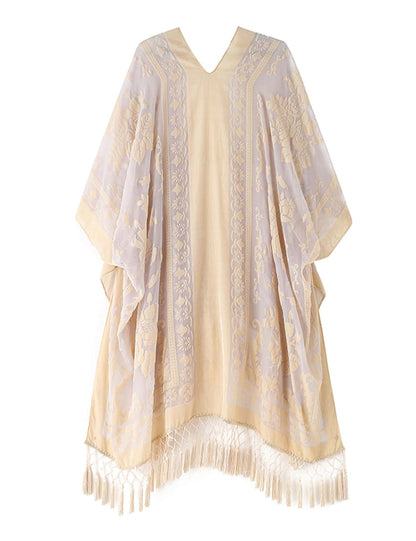 WeHello Women's Boho Burnout Velvet Kimono Long Cover Up With Tassel Casual Cardigan Shawl Beachwear Suit Womenswear Swimwear Coverups