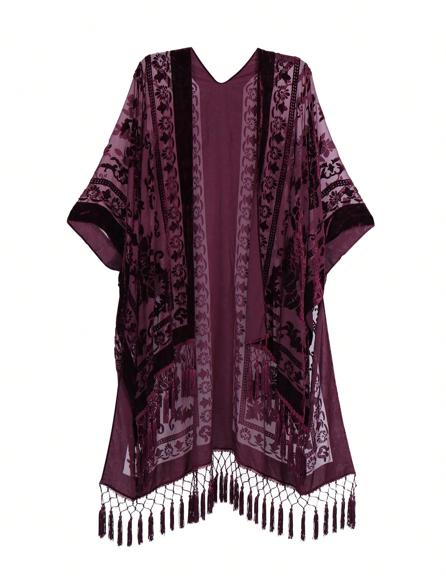 WeHello Women's Boho Burnout Velvet Kimono Long Cover Up With Tassel Casual Cardigan Shawl Beachwear Suit Womenswear Swimwear Coverups