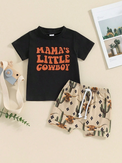 Western Baby Boy Outfit Mama's Little Cowboy Short Sleeve T-Shirt Top Shorts Set Toddler Boy Western Summer Clothes