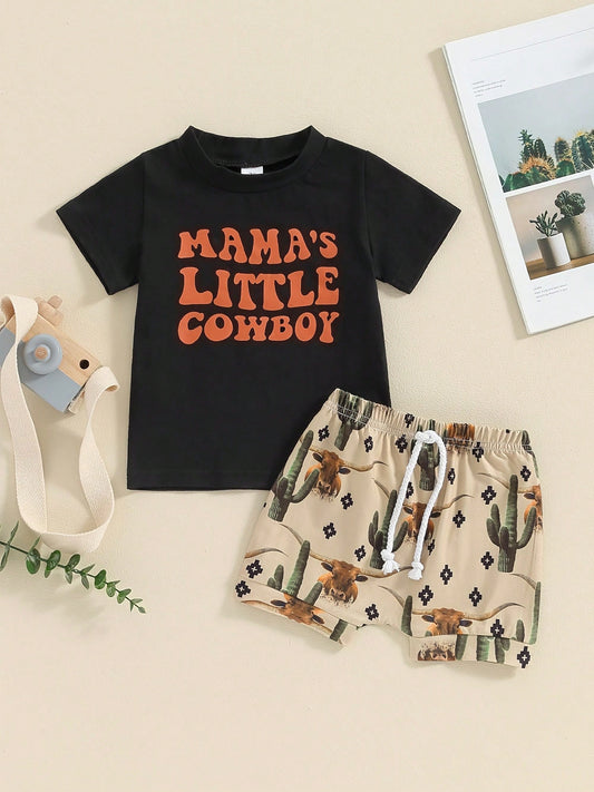 Western Baby Boy Outfit Mama's Little Cowboy Short Sleeve T-Shirt Top Shorts Set Toddler Boy Western Summer Clothes