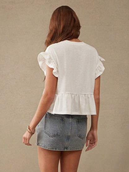 WESTFADE Lace Trim Tiered Ruffle Short Sleeve White Babydoll Top Summer, Casual, Beach, Vacation, Holiday, Country, Western, Female Country Look, Cowgirl