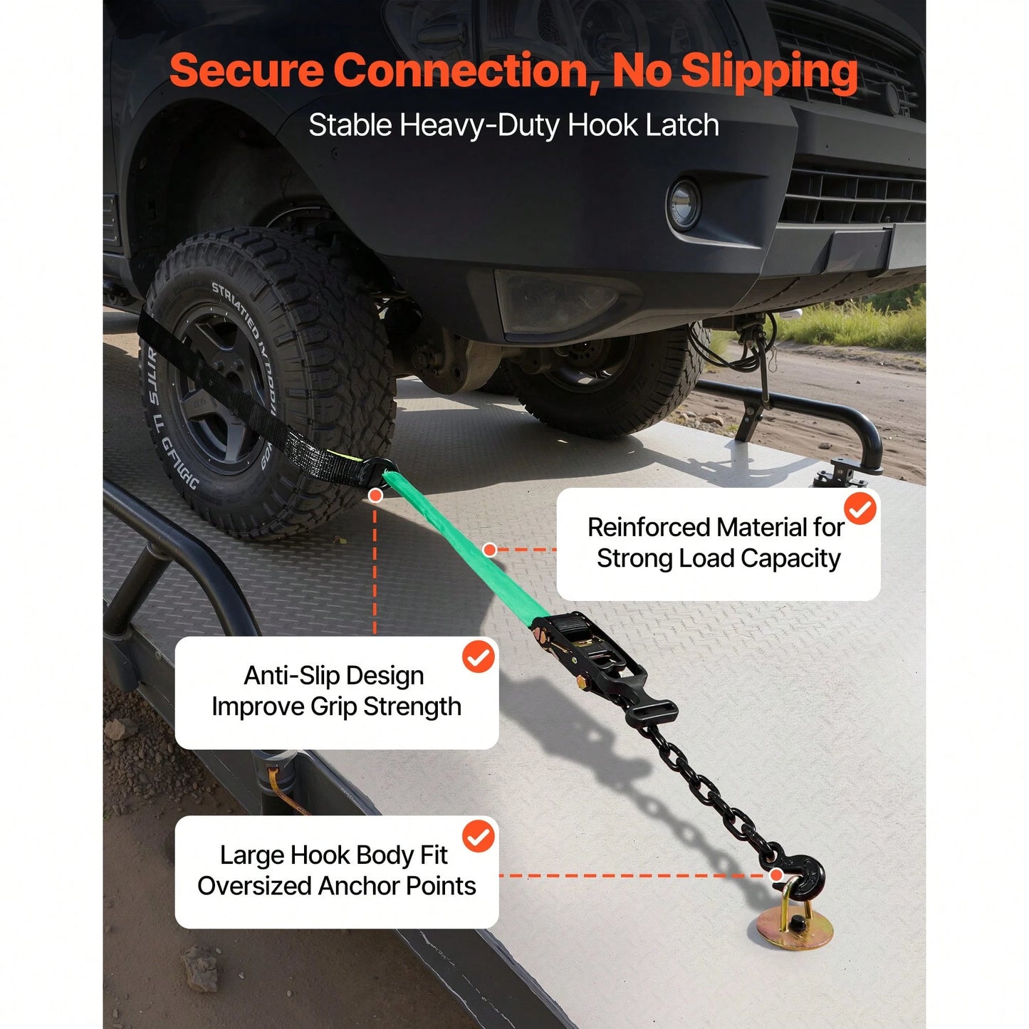 Wheel Chock Tie-Down Kit, Tire-Style Tow Dolly Strap, Car Tie Down Kit With Heavy-Duty Hook, Break Strength 10009 Lbs & Working Load 3333 Lbs Motorcycle Tie-Down System For ATV, SUV, Trailer