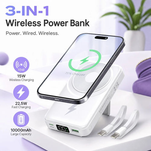 White 10000mAh Magnetic Wireless Battery Pack With 15W Output And 22.5W Fast Charging, Featuring A Bright Battery Percentage Display, Smooth White Finish And Folding Kickstand, Suited To 16, 15, 14