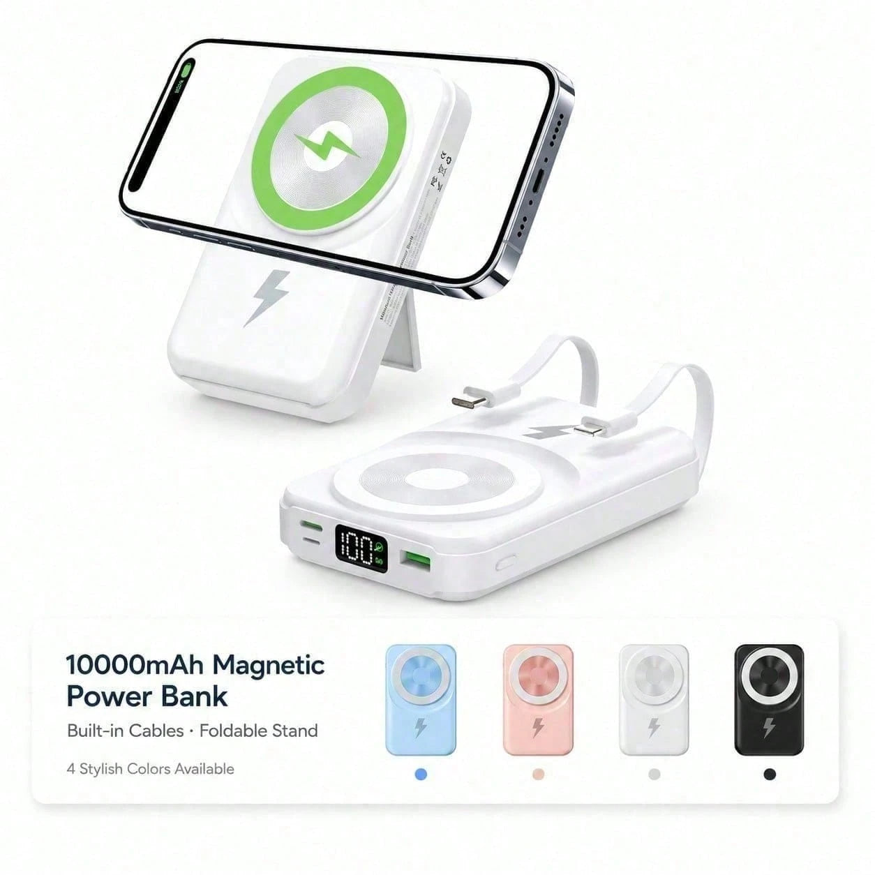 White 10000mAh Magnetic Wireless Battery Pack With 15W Output And 22.5W Fast Charging, Featuring A Bright Battery Percentage Display, Smooth White Finish And Folding Kickstand, Suited To 16, 15, 14