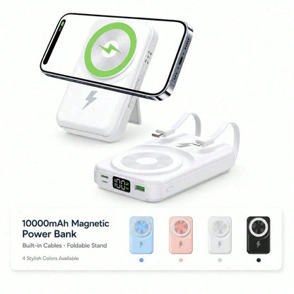 White 10000mAh Magnetic Wireless Battery Pack With 15W Output And 22.5W Fast Charging, Featuring A Bright Battery Percentage Display, Smooth White Finish And Folding Kickstand, Suited To 16, 15, 14