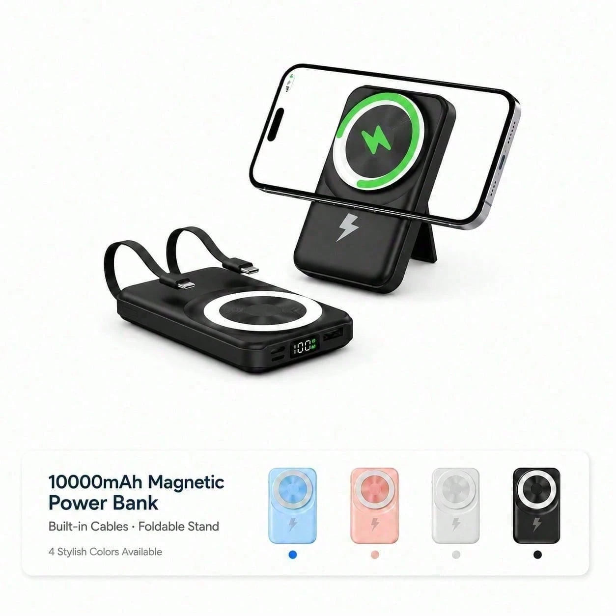 White 10000mAh Magnetic Wireless Battery Pack With 15W Output And 22.5W Fast Charging, Featuring A Bright Battery Percentage Display, Smooth White Finish And Folding Kickstand, Suited To 16, 15, 14