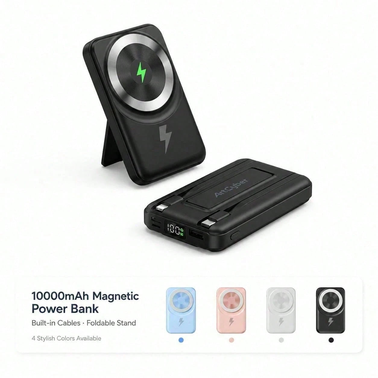 White 10000mAh Magnetic Wireless Battery Pack With 15W Output And 22.5W Fast Charging, Featuring A Bright Battery Percentage Display, Smooth White Finish And Folding Kickstand, Suited To 16, 15, 14