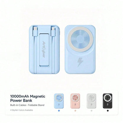 White 10000mAh Magnetic Wireless Battery Pack With 15W Output And 22.5W Fast Charging, Featuring A Bright Battery Percentage Display, Smooth White Finish And Folding Kickstand, Suited To 16, 15, 14