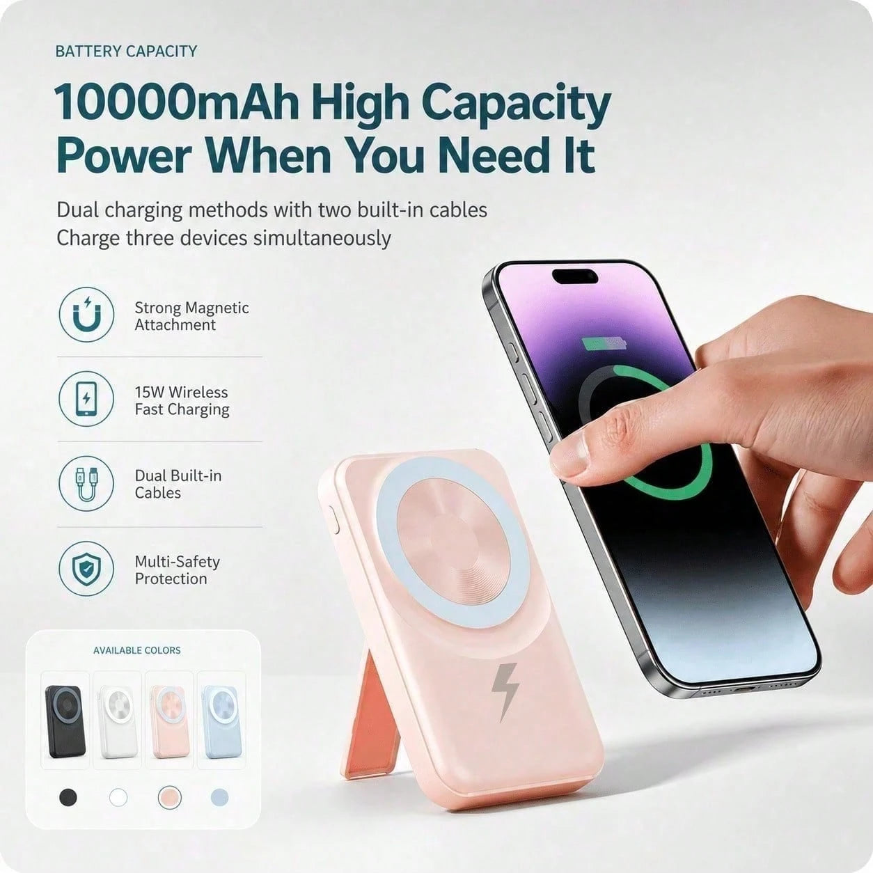White 10000mAh Wireless Portable Charger With Magnetic Alignment And 22.5W Fast Charge, With Digital Battery Percentage Display, Fold-Out Kickstand And Green Circular Magnetic Pad, Designed For IPhone