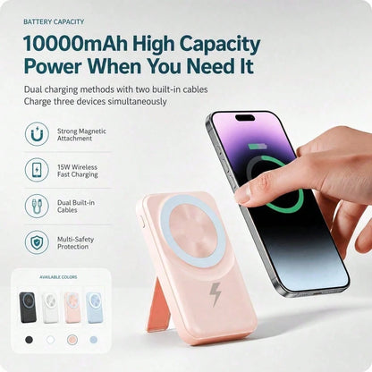 White 10000mAh Wireless Portable Charger With Magnetic Alignment And 22.5W Fast Charge, With Digital Battery Percentage Display, Fold-Out Kickstand And Green Circular Magnetic Pad, Designed For IPhone