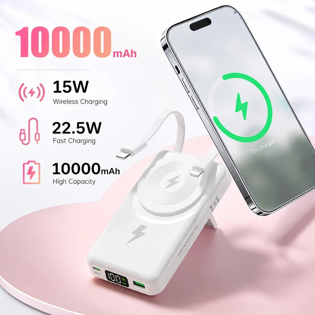 White 10000mAh Wireless Power Bank With Green Magnetic Ring And 22.5W Fast Charging, Featuring A Digital Remaining-Power Display, Compact Body And Fold-Out Support For Travel Use, Made For Compatible