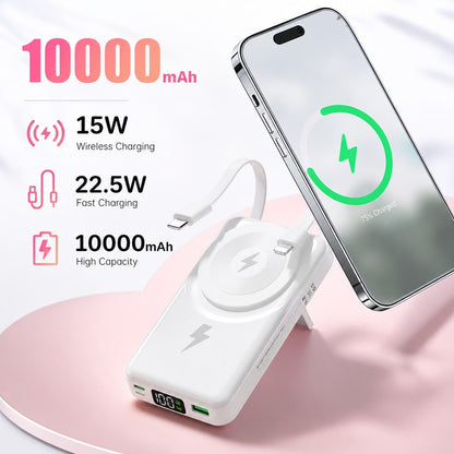 White 10000mAh Wireless Power Bank With Green Magnetic Ring And 22.5W Fast Charging, Featuring A Digital Remaining-Power Display, Compact Body And Fold-Out Support For Travel Use, Made For Compatible