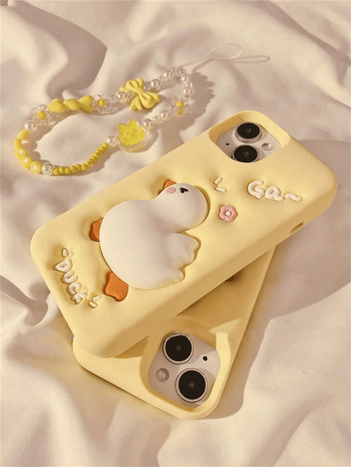 White Luxury Silicone Cute Fashion Shockproof 3D Squishable Duck Theme Phone Case With Beaded Lanyard Kawaii Cream Yellow Squishable Duck Design Phone Case Compatible With IPhone 14 Pro Max, Compatibl