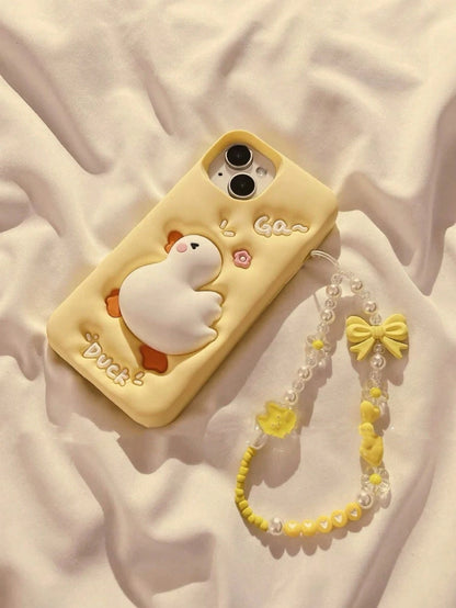 White Luxury Silicone Cute Fashion Shockproof 3D Squishable Duck Theme Phone Case With Beaded Lanyard Kawaii Cream Yellow Squishable Duck Design Phone Case Compatible With IPhone 14 Pro Max, Compatibl