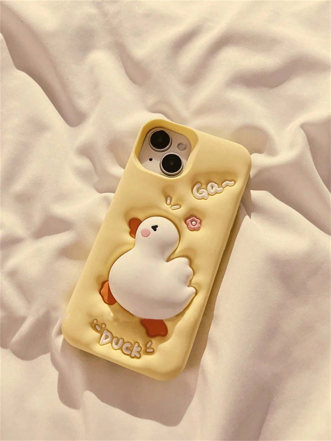 White Luxury Silicone Cute Fashion Shockproof 3D Squishable Duck Theme Phone Case With Beaded Lanyard Kawaii Cream Yellow Squishable Duck Design Phone Case Compatible With IPhone 14 Pro Max, Compatibl