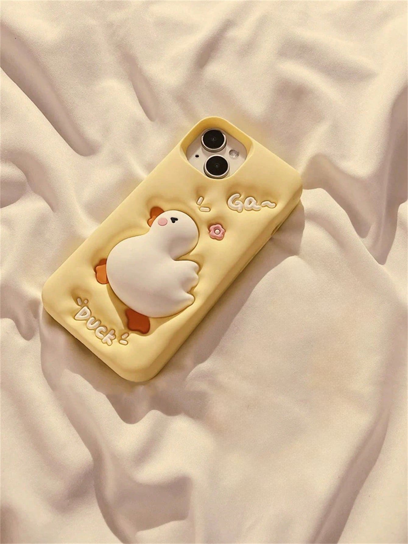 White Luxury Silicone Cute Fashion Shockproof 3D Squishable Duck Theme Phone Case With Beaded Lanyard Kawaii Cream Yellow Squishable Duck Design Phone Case Compatible With IPhone 14 Pro Max, Compatibl