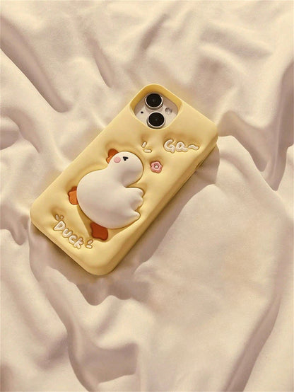 White Luxury Silicone Cute Fashion Shockproof 3D Squishable Duck Theme Phone Case With Beaded Lanyard Kawaii Cream Yellow Squishable Duck Design Phone Case Compatible With IPhone 14 Pro Max, Compatibl