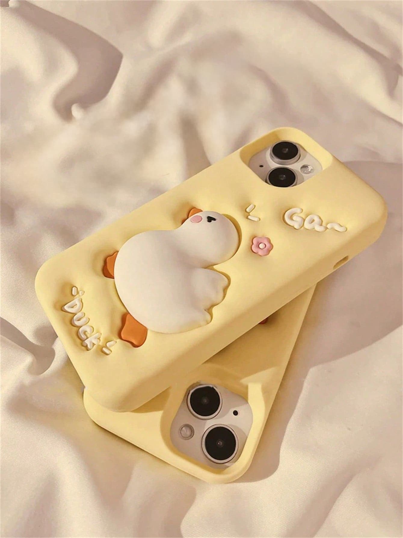 White Luxury Silicone Cute Fashion Shockproof 3D Squishable Duck Theme Phone Case With Beaded Lanyard Kawaii Cream Yellow Squishable Duck Design Phone Case Compatible With IPhone 14 Pro Max, Compatibl