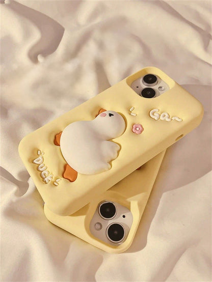 White Luxury Silicone Cute Fashion Shockproof 3D Squishable Duck Theme Phone Case With Beaded Lanyard Kawaii Cream Yellow Squishable Duck Design Phone Case Compatible With IPhone 14 Pro Max, Compatibl