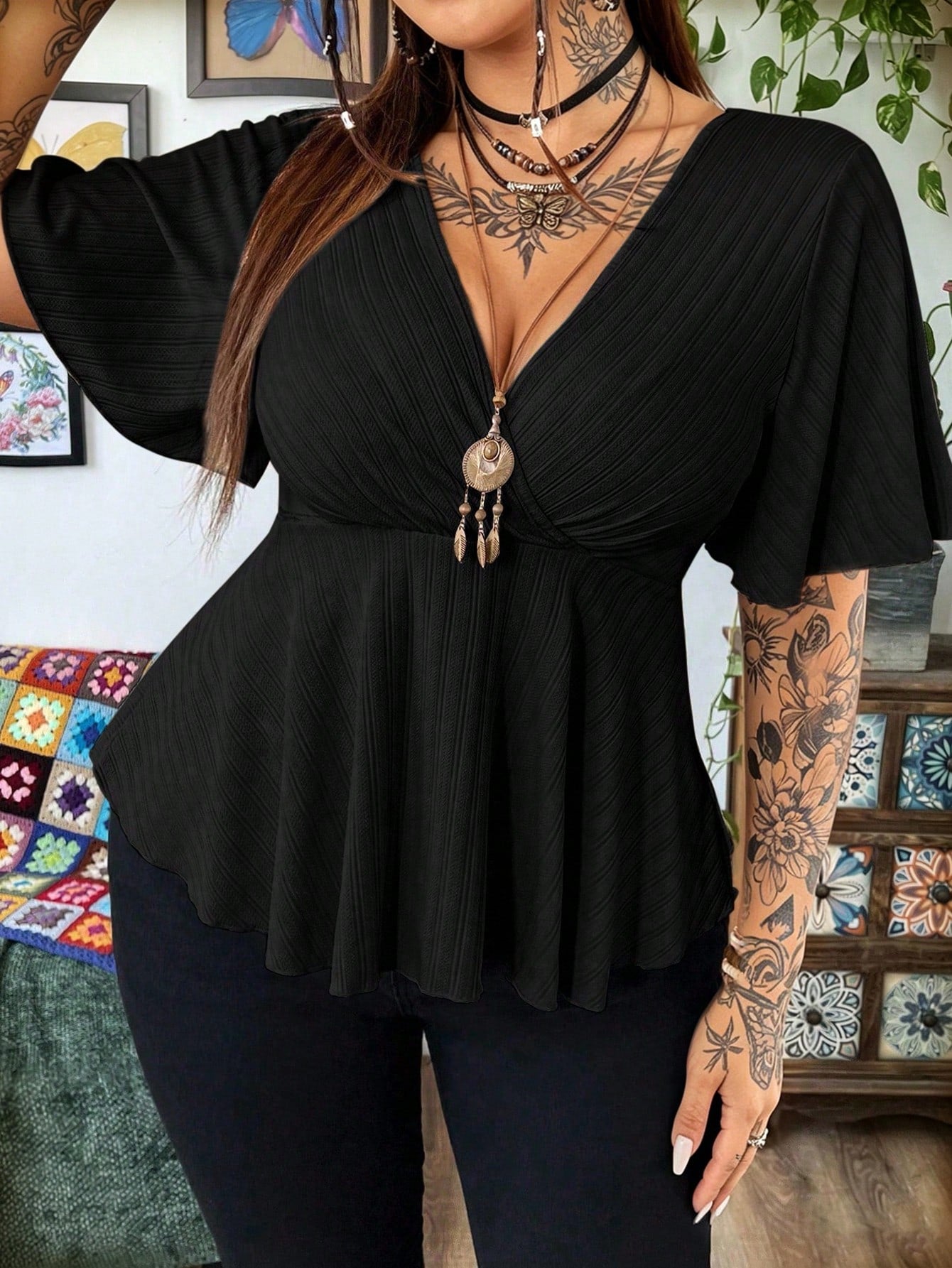 Whyspr Plus Size V-Neck Ruffle Sleeve Short Sleeve Women Solid Color Criss-Cross Wrap Casual Hem T-Shirt