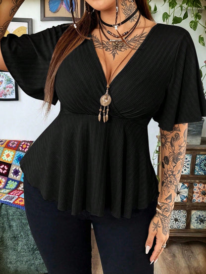 Whyspr Plus Size V-Neck Ruffle Sleeve Short Sleeve Women Solid Color Criss-Cross Wrap Casual Hem T-Shirt