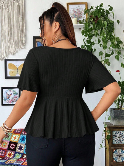 Whyspr Plus Size V-Neck Ruffle Sleeve Short Sleeve Women Solid Color Criss-Cross Wrap Casual Hem T-Shirt