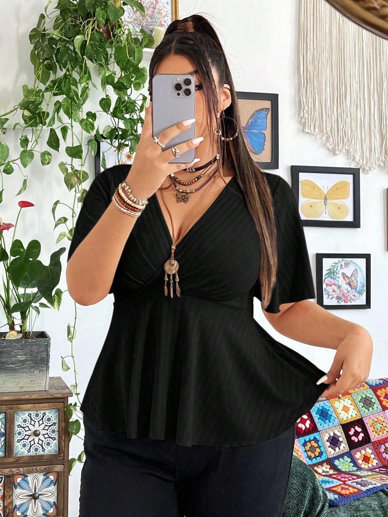 Whyspr Plus Size V-Neck Ruffle Sleeve Short Sleeve Women Solid Color Criss-Cross Wrap Casual Hem T-Shirt