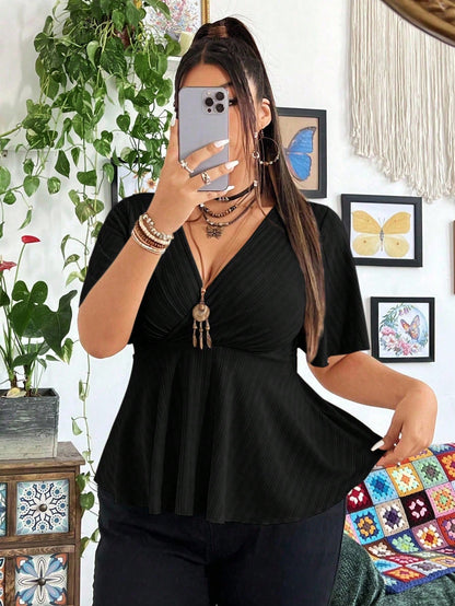 Whyspr Plus Size V-Neck Ruffle Sleeve Short Sleeve Women Solid Color Criss-Cross Wrap Casual Hem T-Shirt