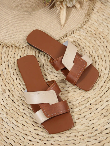 Wide Fit Plus Size Women's Square Toe Criss-Cross Flat Sandals, Casual Summer Slip-On Shoes