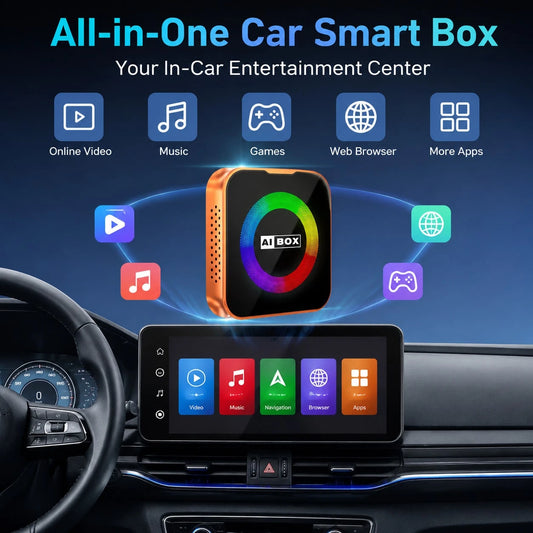 Wireless Car Multimedia Adapter With RGB Ambient Light Ring, Smart AI Vehicle Entertainment Box, Built-In Android System, USB Plug And Play Device, Compatible With Factory Wired Car Multimedia Systems